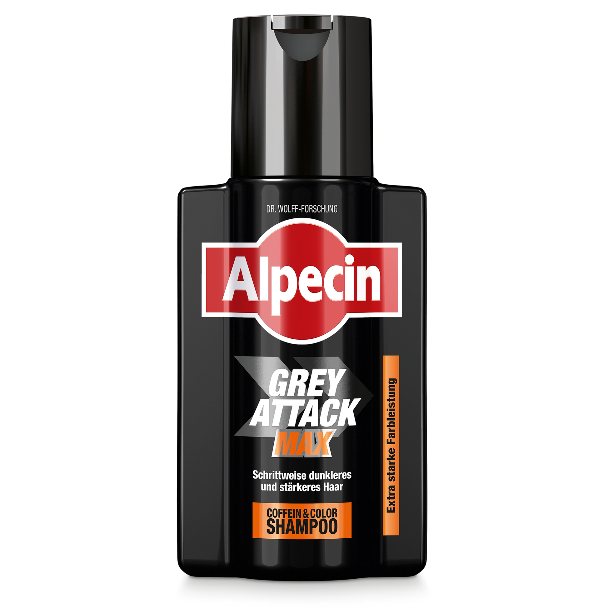 Flaschenabbildung des Grey Attack MAX mit dem Produktnamen, der Marke Alpecin und zusätzliche Benamungen des Shampoos
