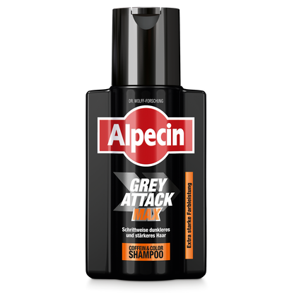 Flaschenabbildung des Grey Attack MAX mit dem Produktnamen, der Marke Alpecin und zusätzliche Benamungen des Shampoos