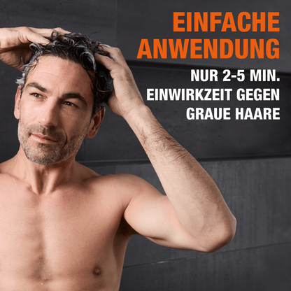 Oberkörperfreier Mann shampooniert sich die Haare vor einem grauen Hintergrund ein. Textkachel mit "einfach zu verwenden: Nur 2-5 Minuten Einwirkzeit"