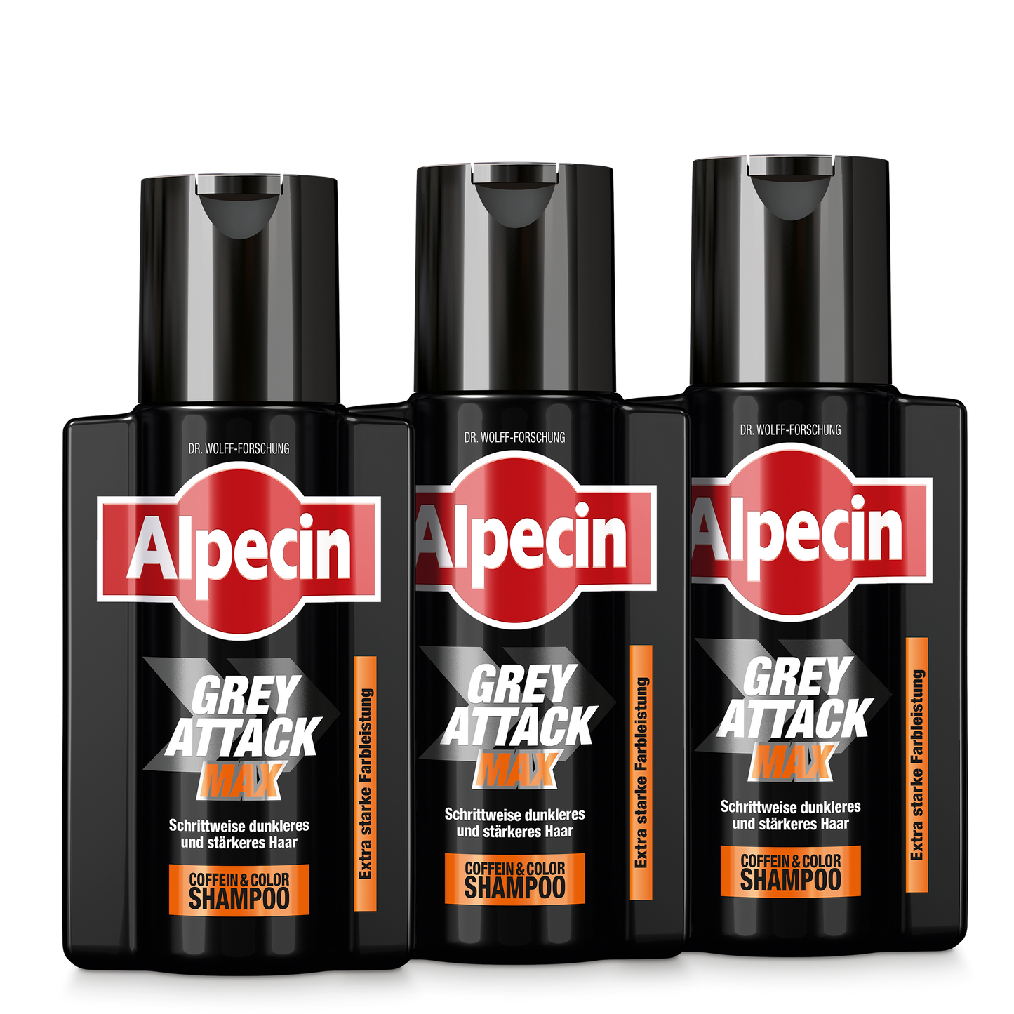 3 Flaschenabbildung des Grey Attack MAX mit dem Produktnamen, der Marke Alpecin und zusätzliche Benamungen des Shampoos